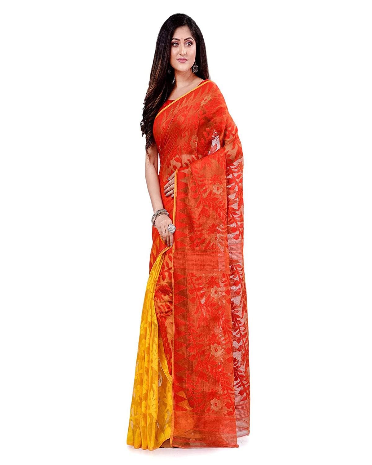 Piyari Fashion Cotton Blend Handloom Yellow Orange Jamdani Saree | Grocsy
