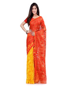 Piyari Fashion Cotton Blend Handloom Yellow Orange Jamdani Saree | Grocsy
