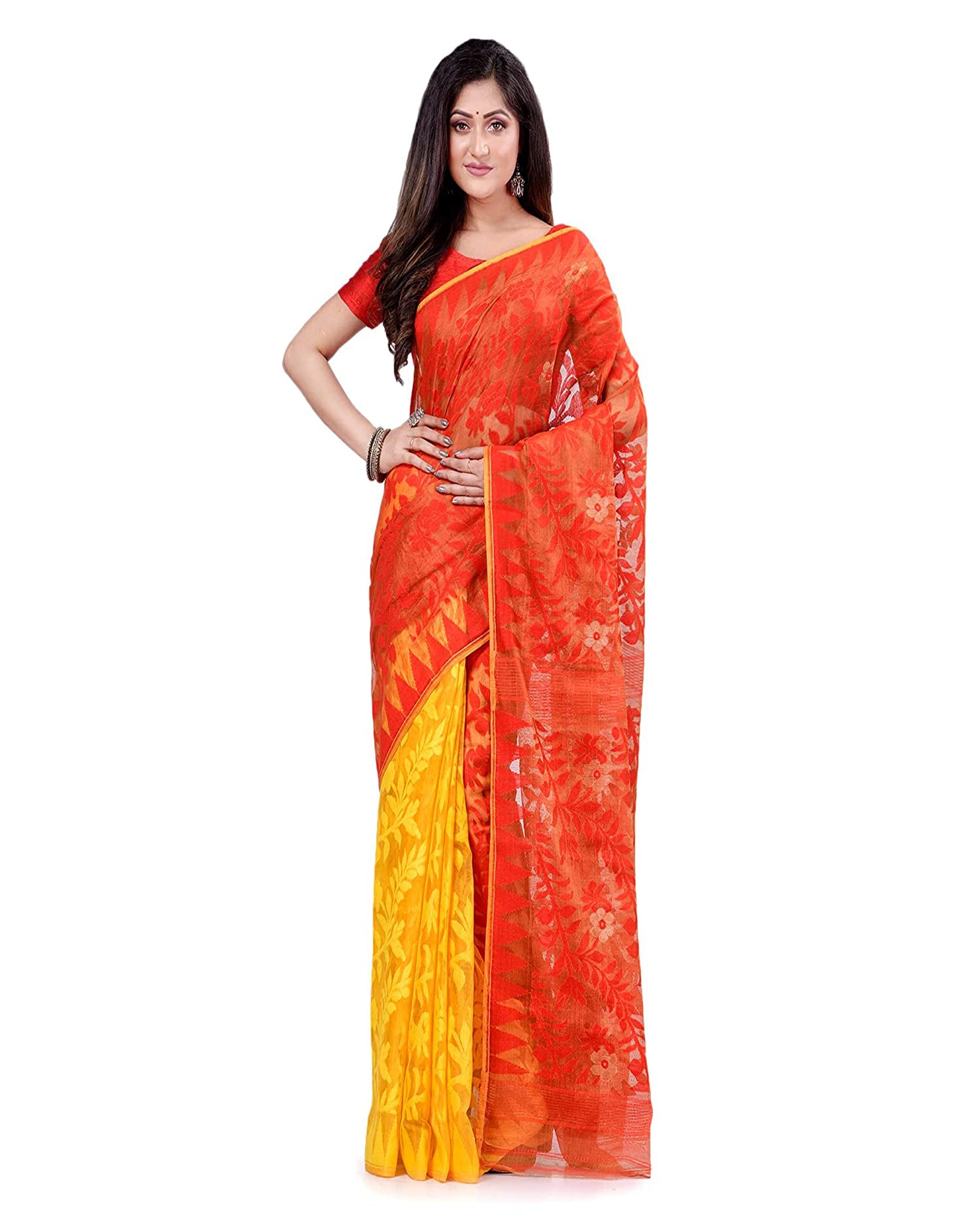 Piyari Fashion Cotton Blend Handloom Yellow Orange Jamdani Saree | Grocsy