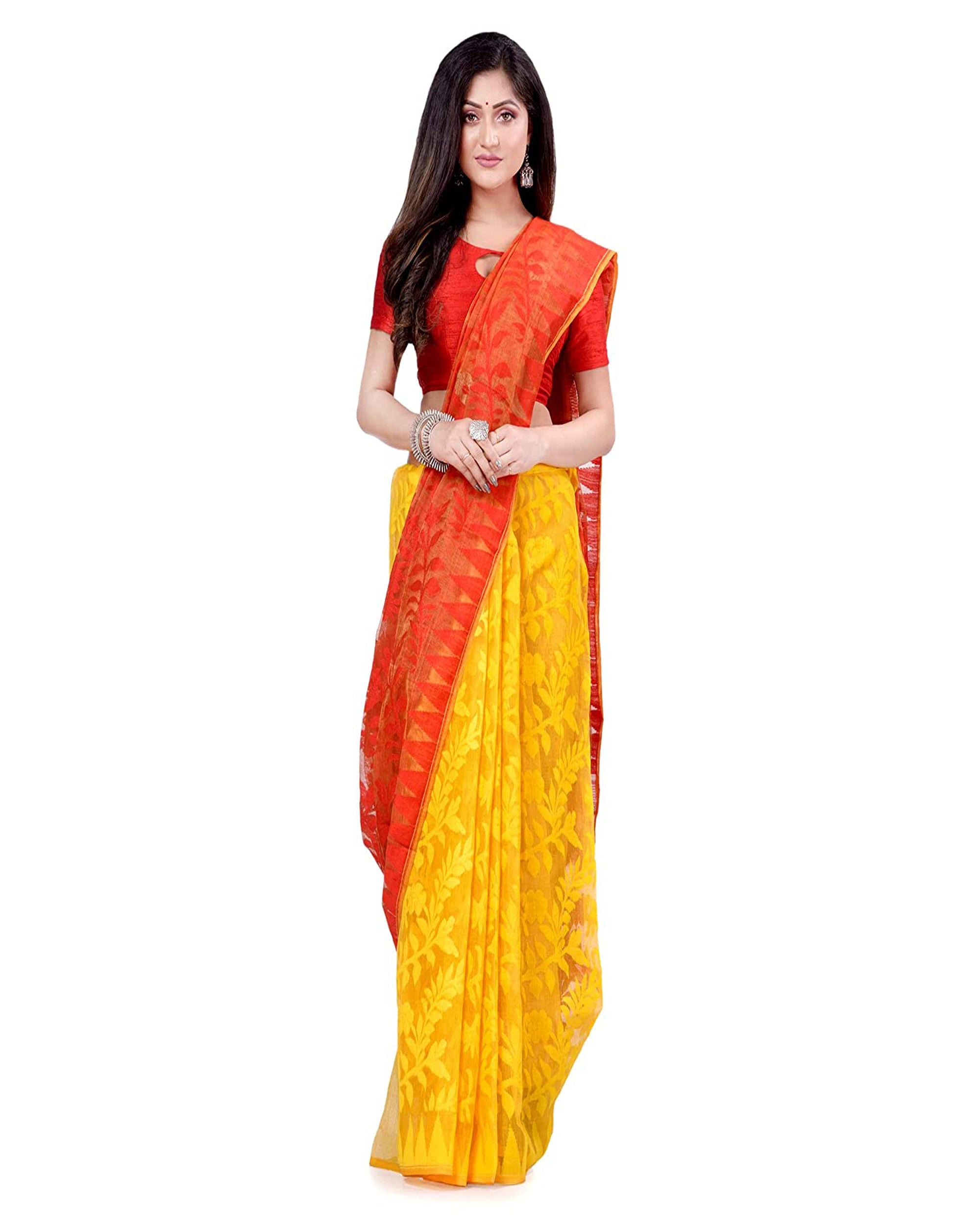 Piyari Fashion Cotton Blend Handloom Yellow Orange Jamdani Saree | Grocsy