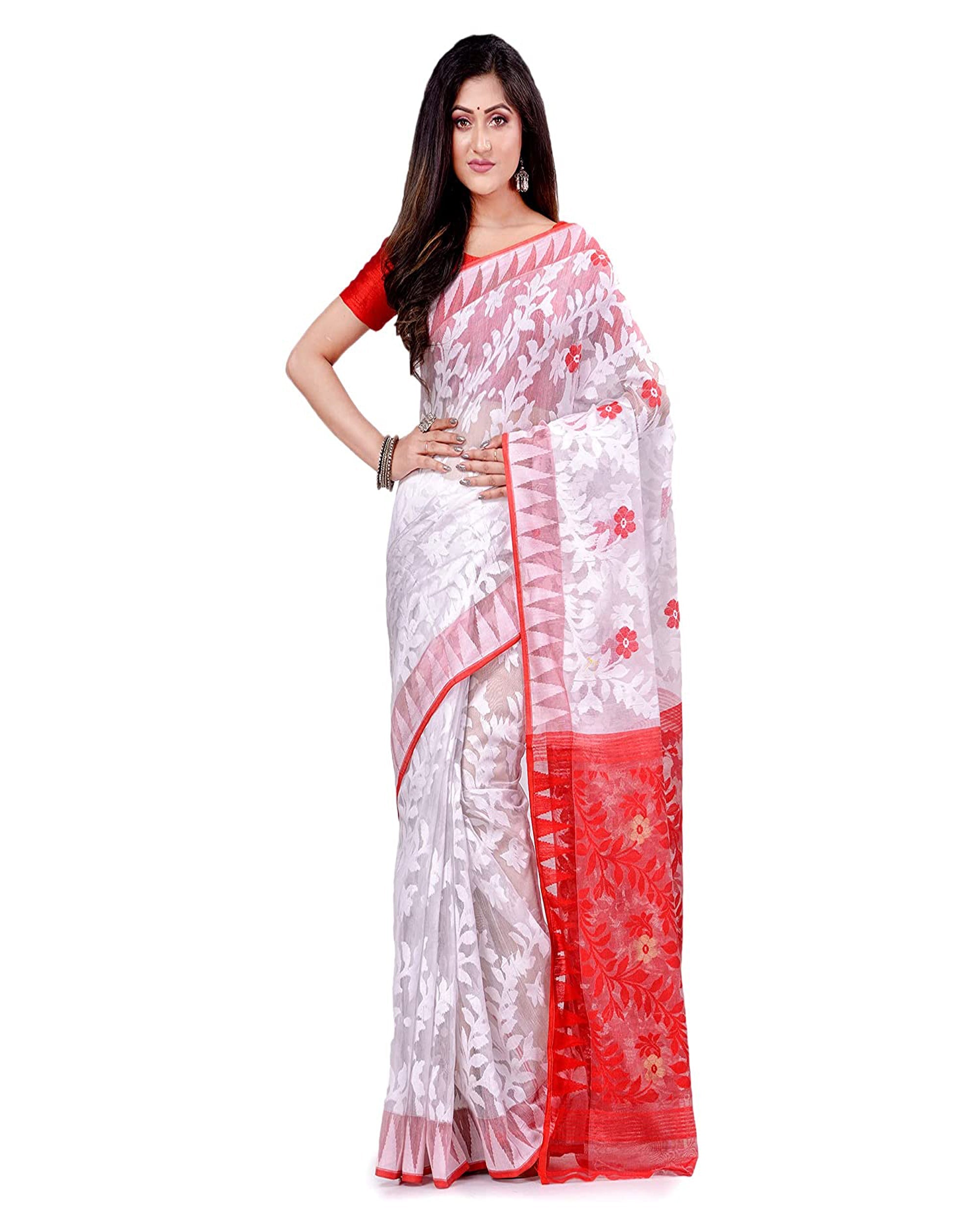 Piyari Fashion Cotton Blend Handloom White Jamdani Saree | Grocsy