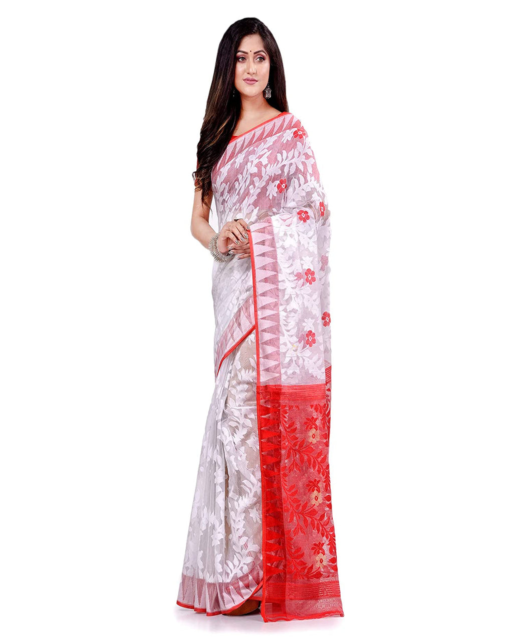 Piyari Fashion Cotton Blend Handloom White Jamdani Saree | Grocsy