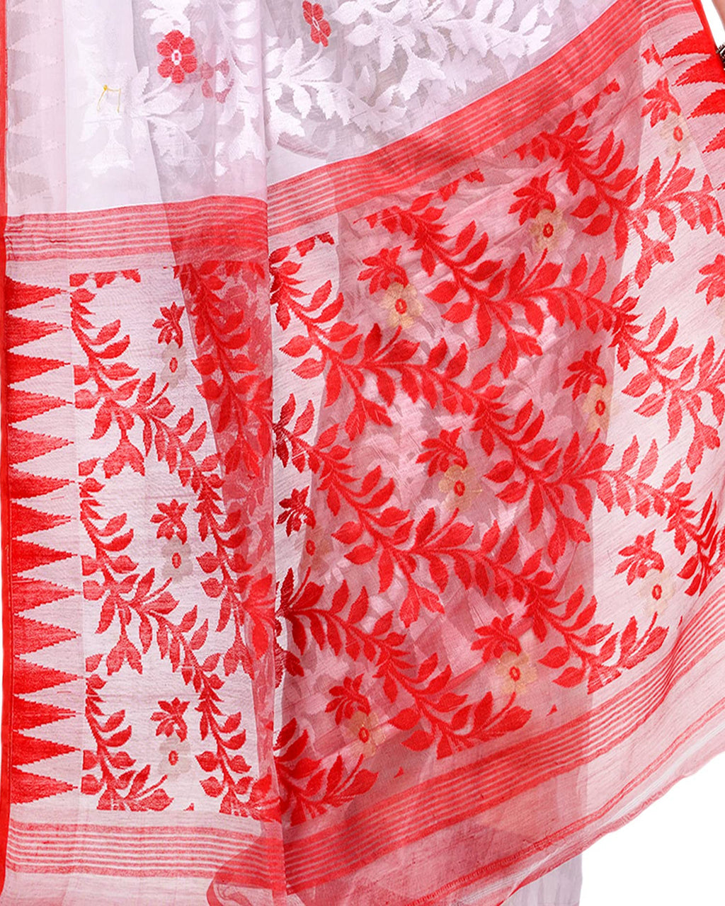 Piyari Fashion Cotton Blend Handloom White Jamdani Saree | Grocsy