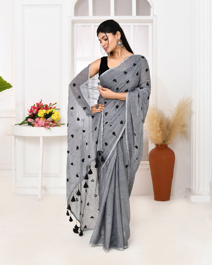 Piyari Fashion Women's Grey Exclusive Embroidery Saree | Grocsy