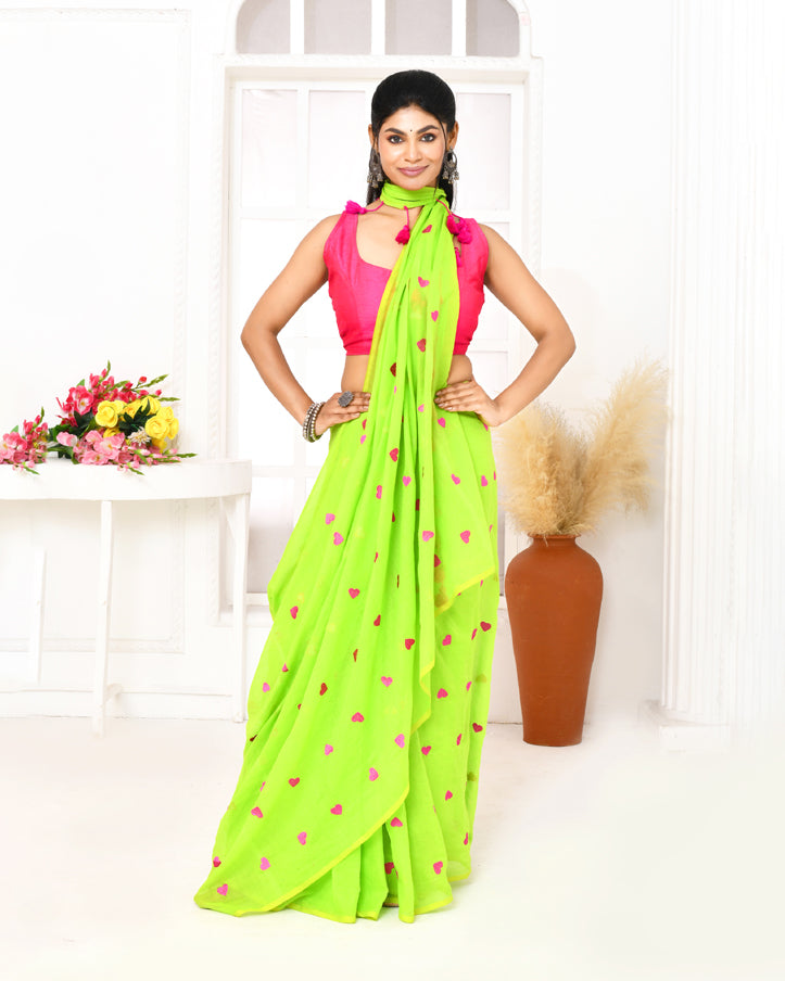 Piyari Fashion Women's Lemon Green Exclusive Embroidery Saree | Grocsy