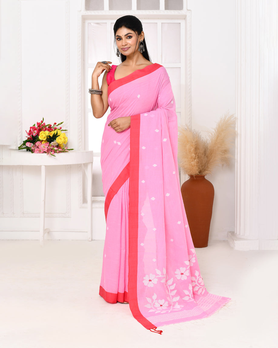 Piyari Fashion Women's Pink Cotton Handloom Jamdani Saree With Blouse | Grocsy