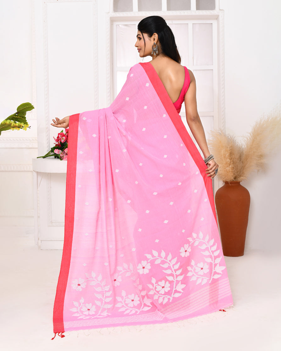 Piyari Fashion Women's Pink Cotton Handloom Jamdani Saree With Blouse | Grocsy