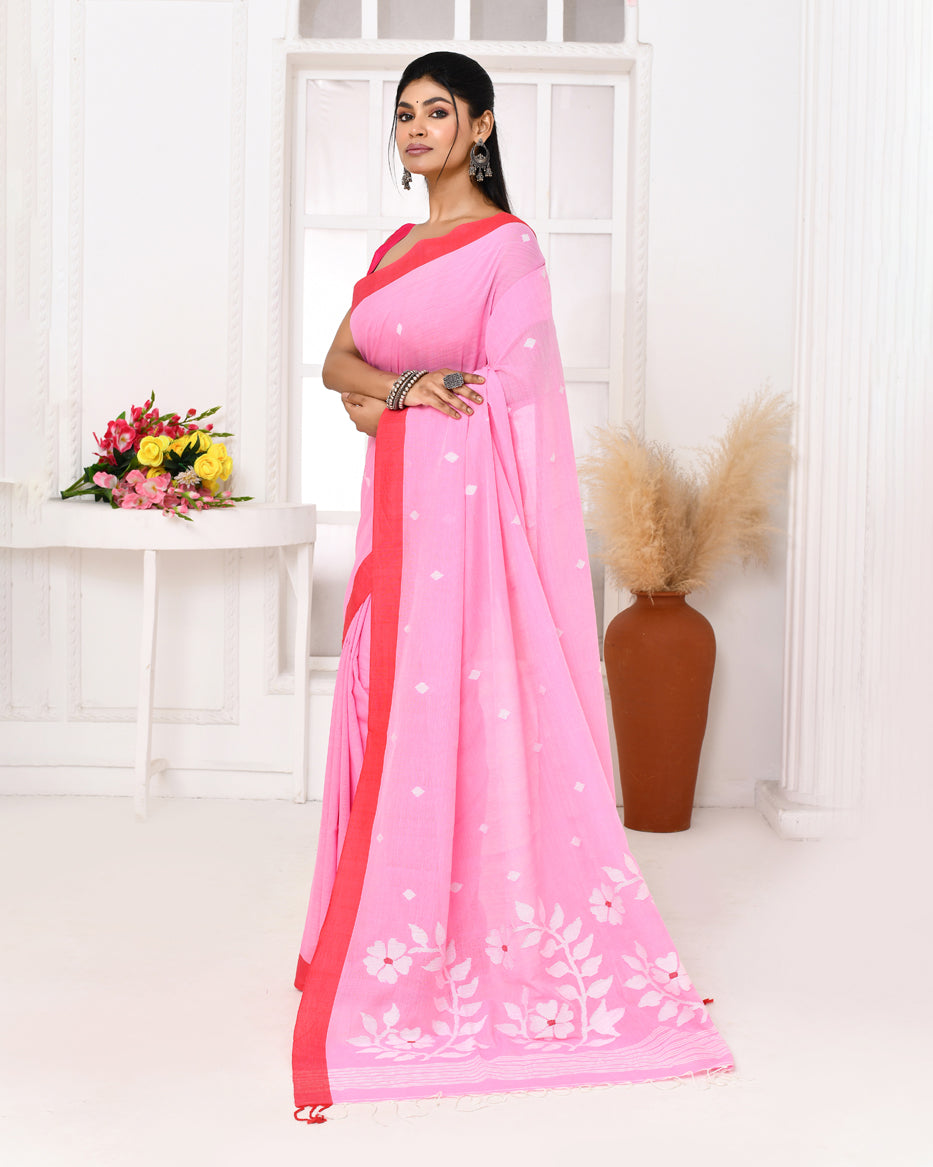 Piyari Fashion Women's Pink Cotton Handloom Jamdani Saree With Blouse | Grocsy