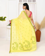 Piyari Fashion Women's Light Lemon Yellow Cotton Handloom Jamdani Saree With Blouse | Grocsy