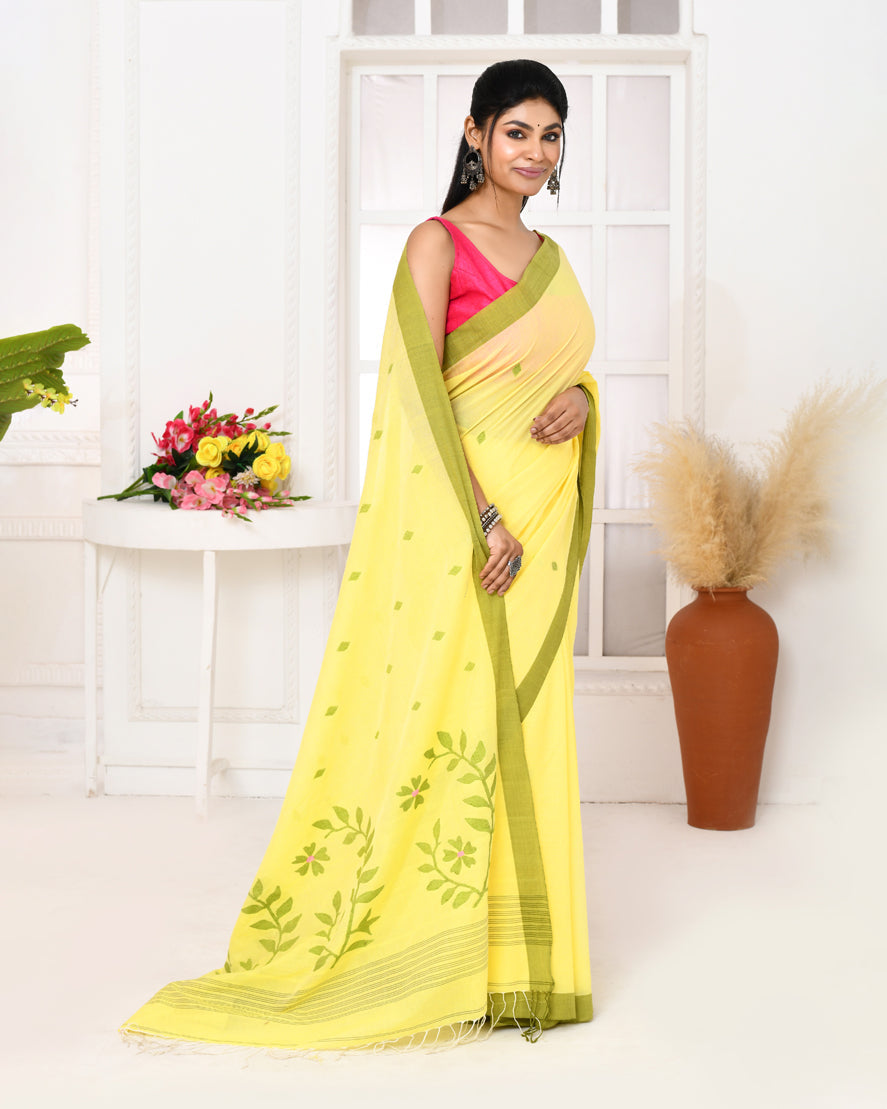 Piyari Fashion Women's Light Lemon Yellow Cotton Handloom Jamdani Saree With Blouse | Grocsy
