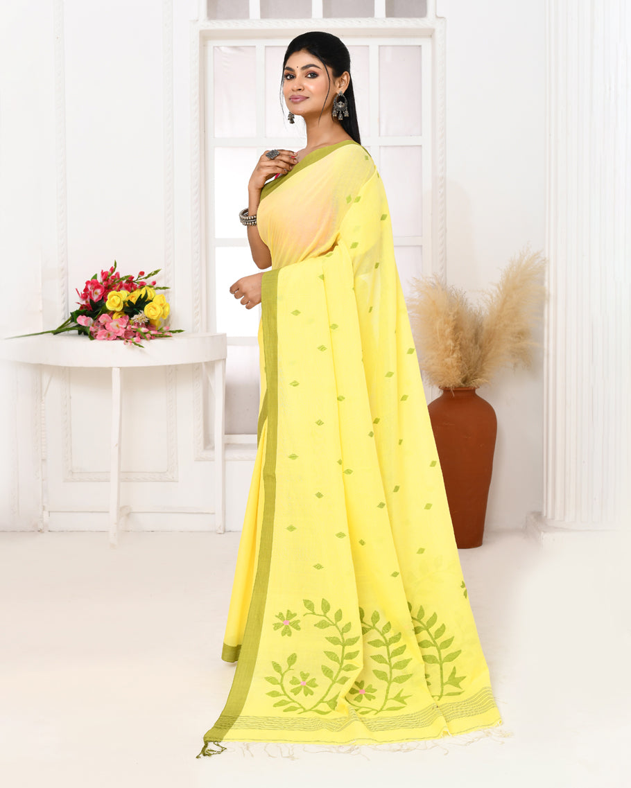 Piyari Fashion Women's Light Lemon Yellow Cotton Handloom Jamdani Saree With Blouse | Grocsy
