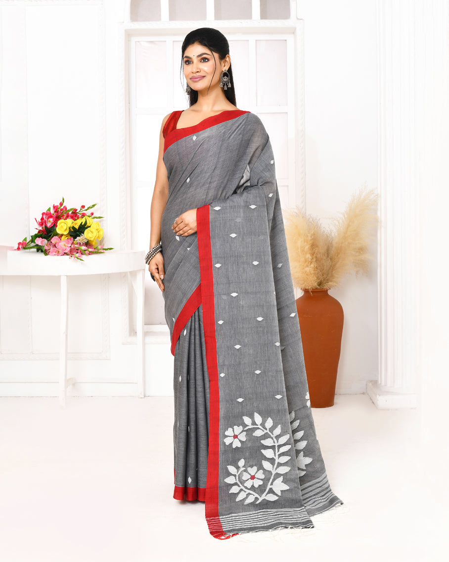 Piyari Fashion Women's Grey Cotton Handloom Jamdani Saree With Blouse | Grocsy