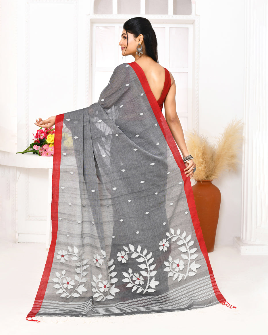 Piyari Fashion Women's Grey Cotton Handloom Jamdani Saree With Blouse | Grocsy