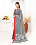 Piyari Fashion Women's Grey Cotton Handloom Jamdani Saree With Blouse | Grocsy
