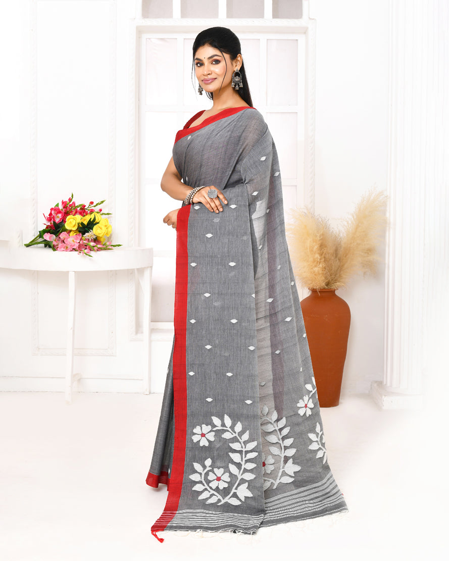 Piyari Fashion Women's Grey Cotton Handloom Jamdani Saree With Blouse | Grocsy