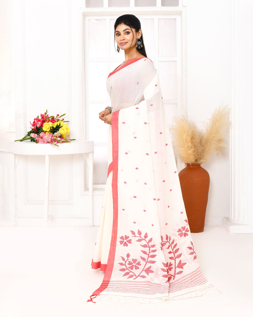 Piyari Fashion Women's White Cotton Handloom Jamdani Saree With Blouse | Grocsy