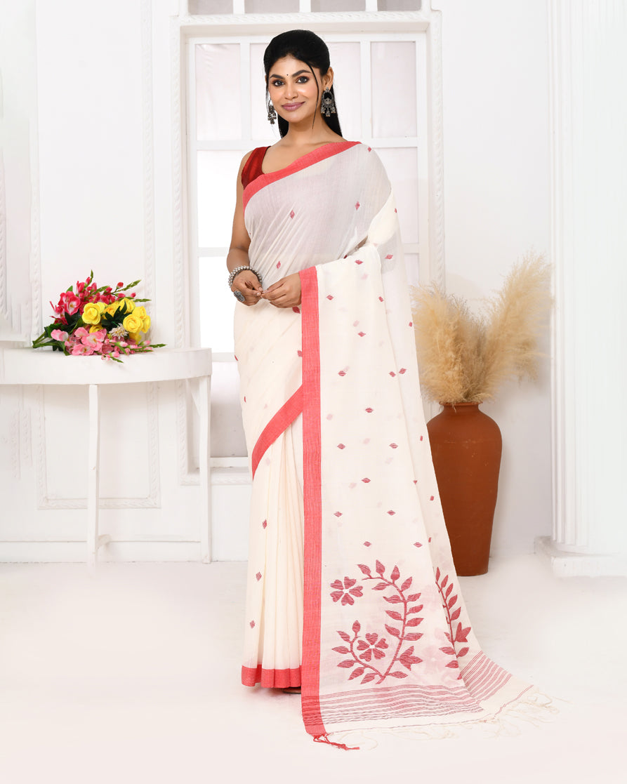 Piyari Fashion Women's White Cotton Handloom Jamdani Saree With Blouse | Grocsy