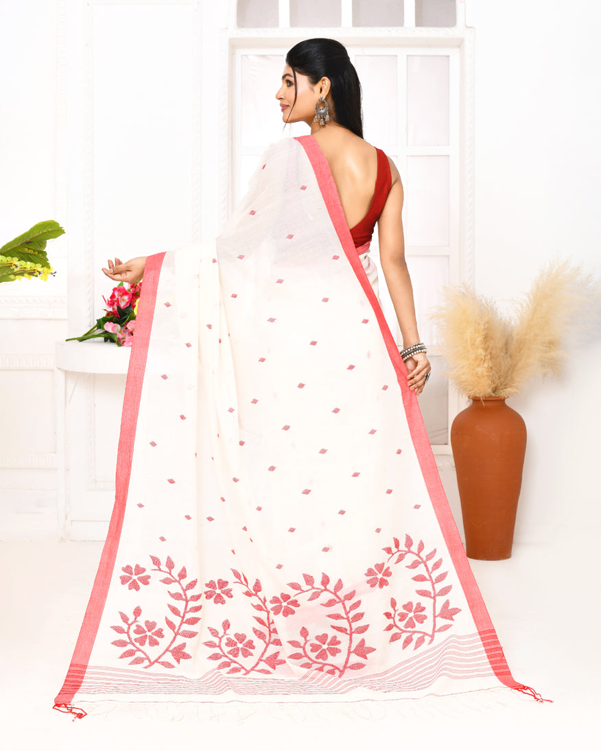 Piyari Fashion Women's White Cotton Handloom Jamdani Saree With Blouse | Grocsy