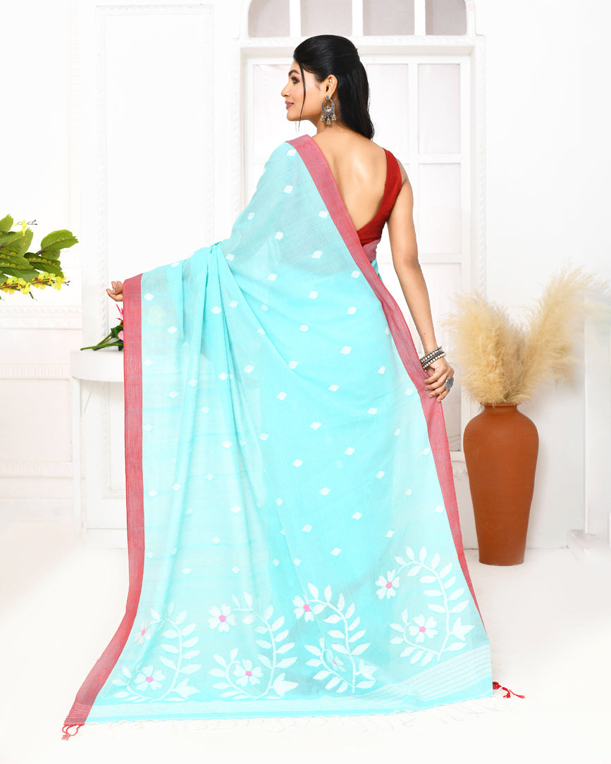 Piyari Fashion Women's Light Sky Blue Cotton Handloom Jamdani Saree With Blouse | Grocsy