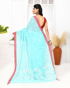Piyari Fashion Women's Light Sky Blue Cotton Handloom Jamdani Saree With Blouse | Grocsy