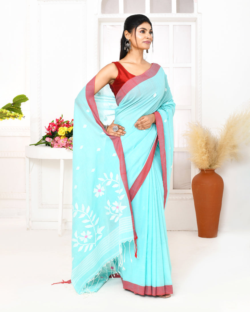 Piyari Fashion Women's Light Sky Blue Cotton Handloom Jamdani Saree With Blouse | Grocsy