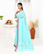 Piyari Fashion Women's Light Sky Blue Cotton Handloom Jamdani Saree With Blouse | Grocsy