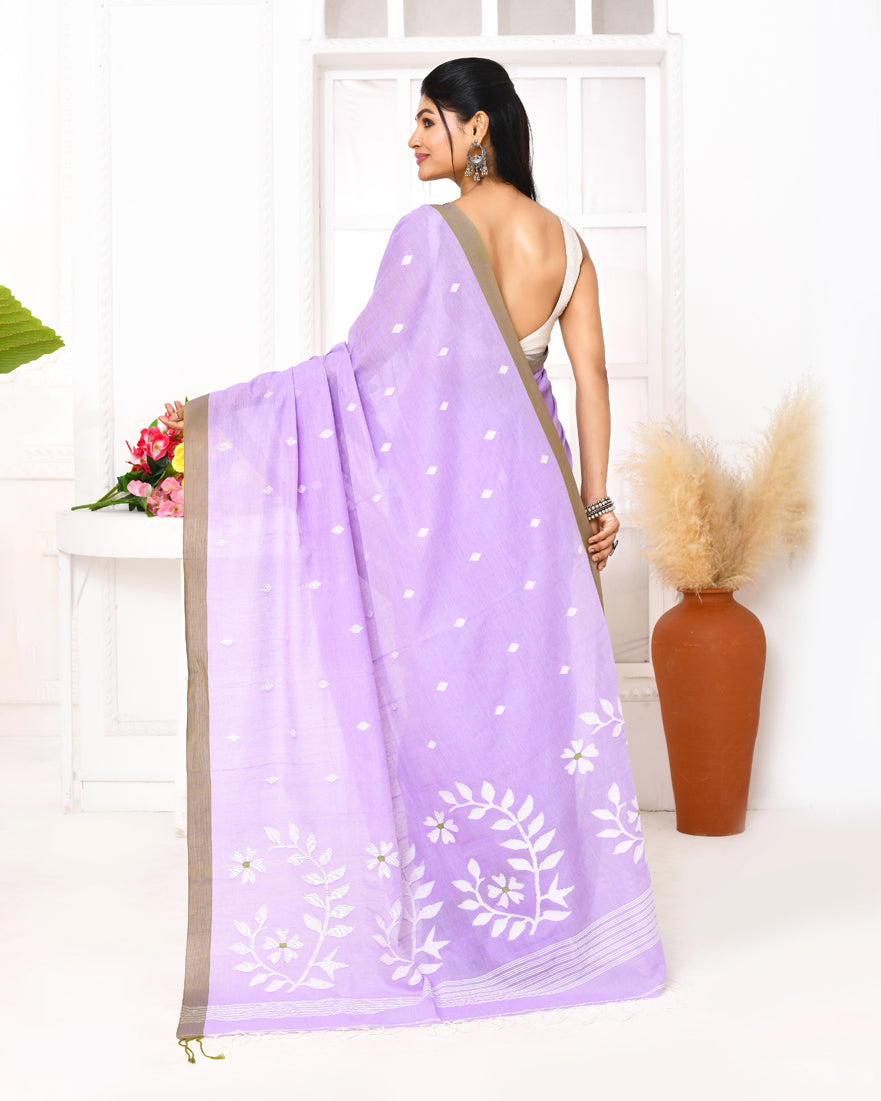 Piyari Fashion Women's Lavender Cotton Handloom Jamdani Saree With Blouse | Grocsy