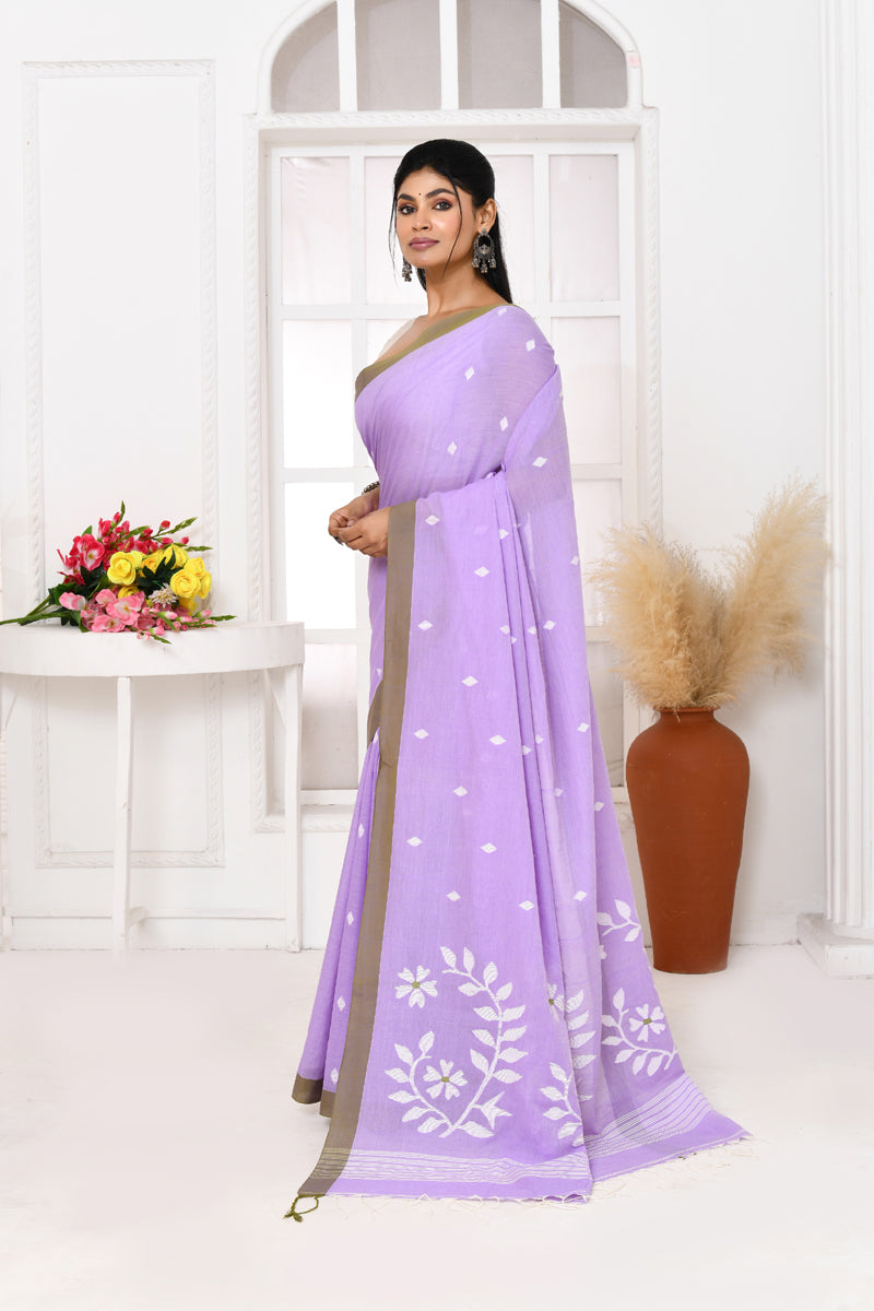 Piyari Fashion Women's Lavender Cotton Handloom Jamdani Saree With Blouse | Grocsy
