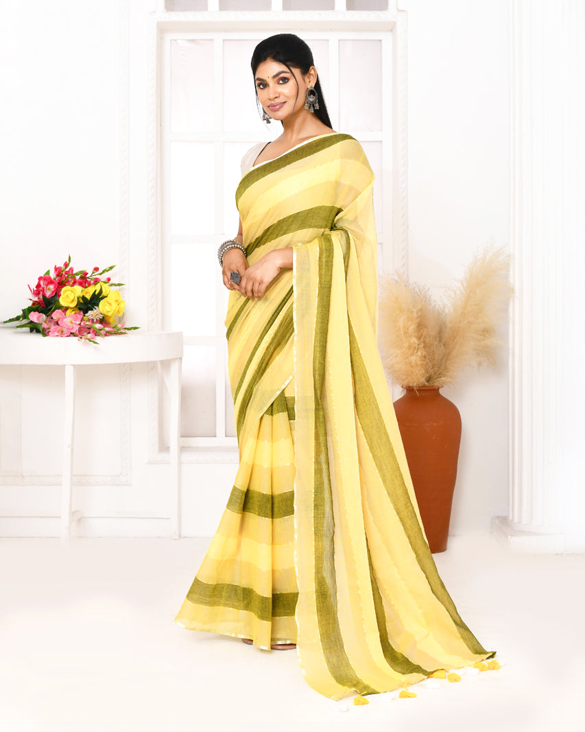 Piyari Fashion Multi Color Striped Mulmul Cotton Saree With Tassels | Grocsy