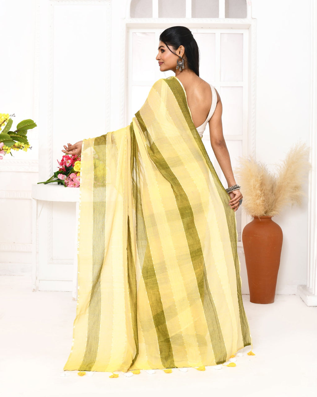Piyari Fashion Multi Color Striped Mulmul Cotton Saree With Tassels | Grocsy