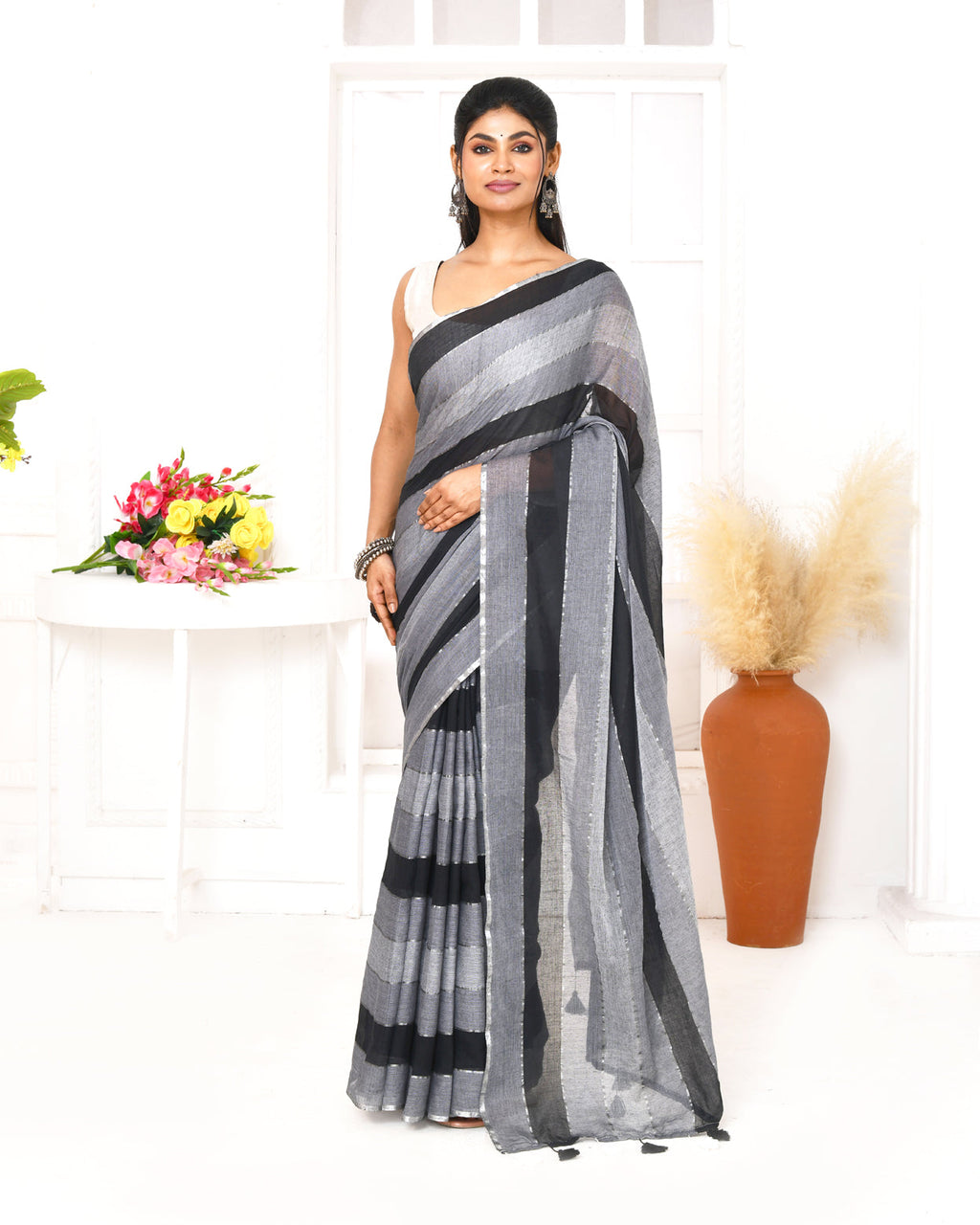 Piyari Fashion Grey Black Striped Mulmul Cotton Saree With Tassels | Grocsy