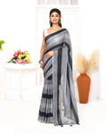 Piyari Fashion Grey Black Striped Mulmul Cotton Saree With Tassels | Grocsy