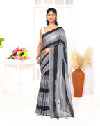 Piyari Fashion Grey Black Striped Mulmul Cotton Saree With Tassels | Grocsy