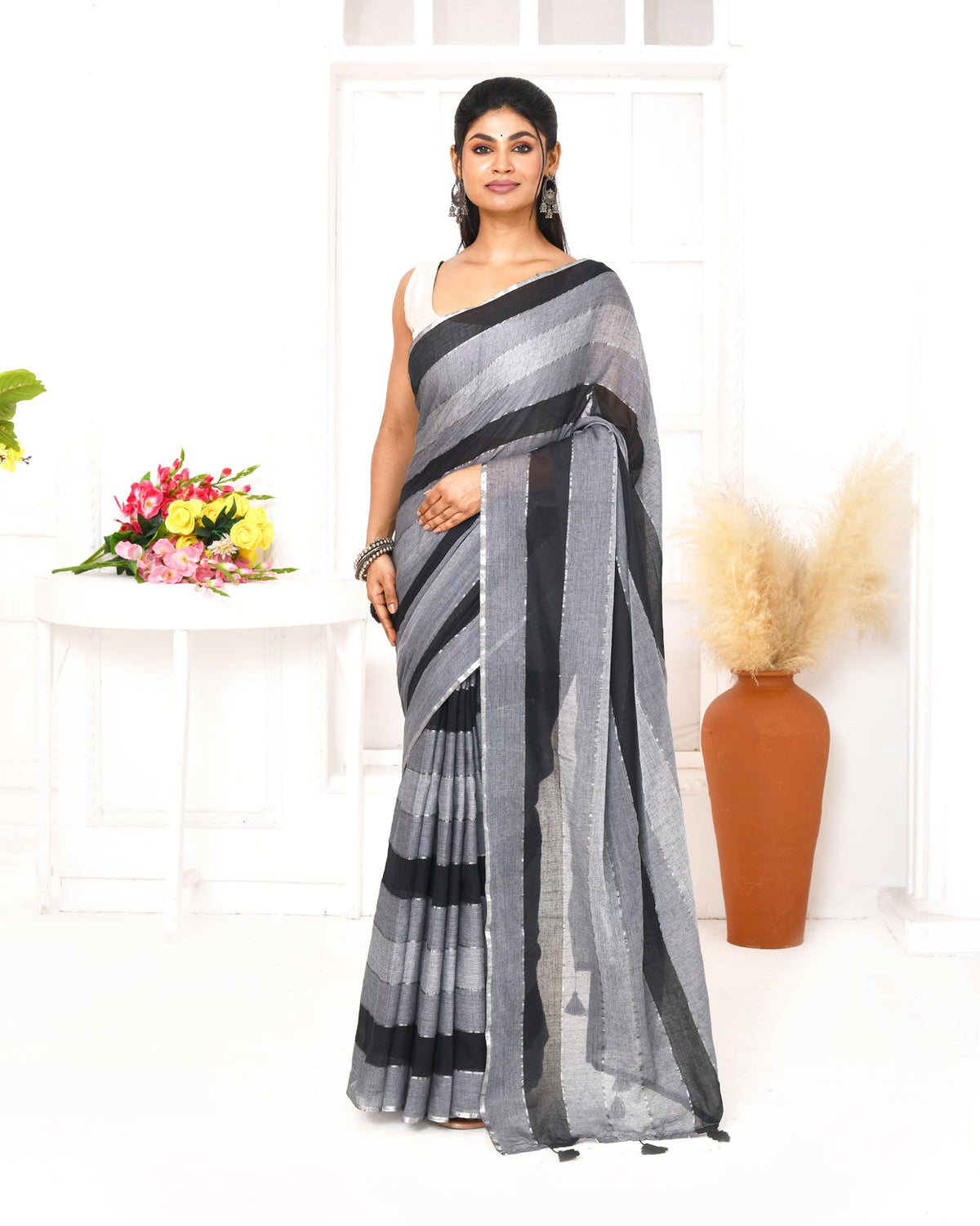 Piyari Fashion Grey Black Striped Mulmul Cotton Saree With Tassels | Grocsy