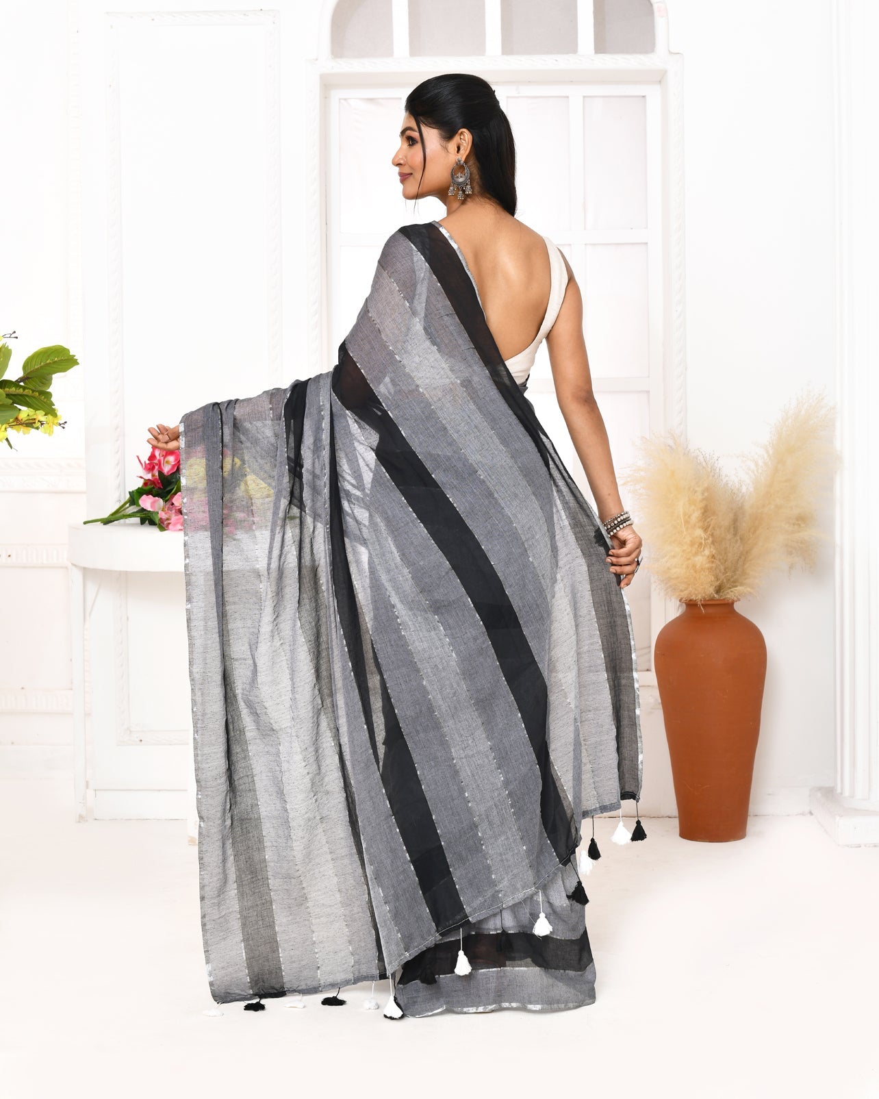 Piyari Fashion Grey Black Striped Mulmul Cotton Saree With Tassels | Grocsy