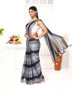 Piyari Fashion Grey Black Striped Mulmul Cotton Saree With Tassels | Grocsy