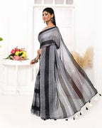Piyari Fashion Grey Black Striped Mulmul Cotton Saree With Tassels | Grocsy