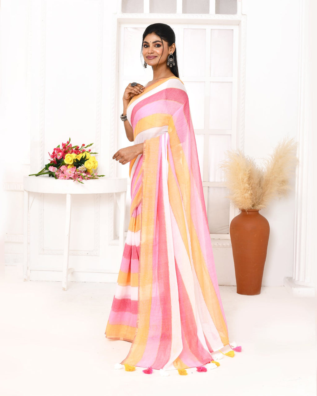 Piyari Fashion Pink Striped Mulmul Cotton Saree With Tassels | Grocsy