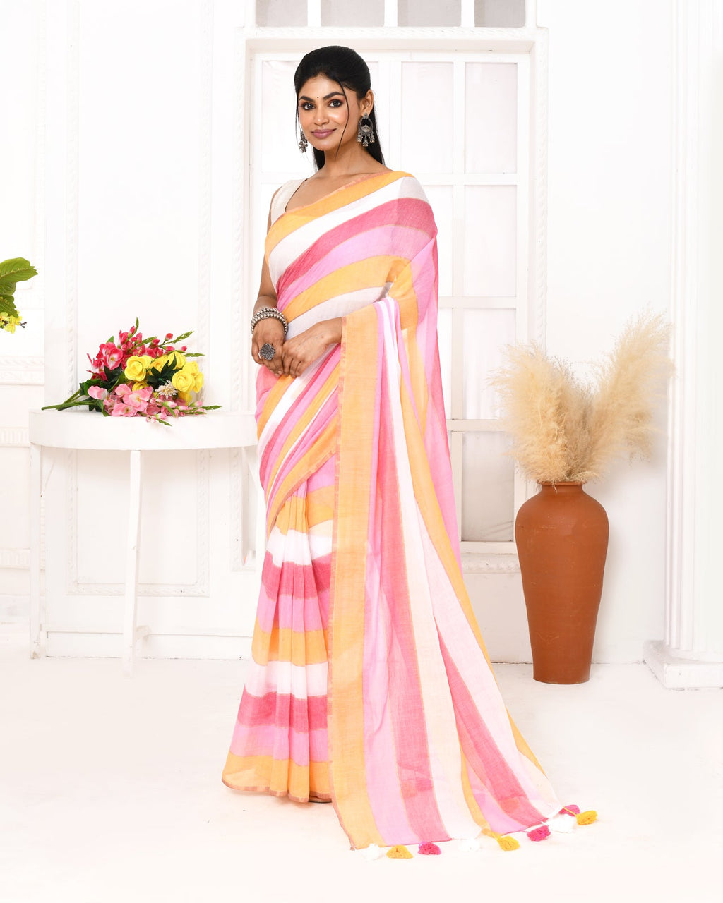 Piyari Fashion Pink Striped Mulmul Cotton Saree With Tassels | Grocsy