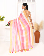 Piyari Fashion Pink Striped Mulmul Cotton Saree With Tassels | Grocsy