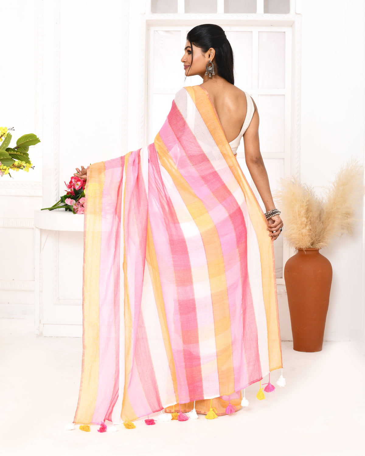 Piyari Fashion Pink Striped Mulmul Cotton Saree With Tassels | Grocsy