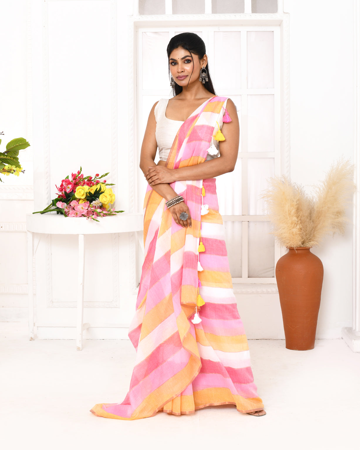 Piyari Fashion Pink Striped Mulmul Cotton Saree With Tassels | Grocsy
