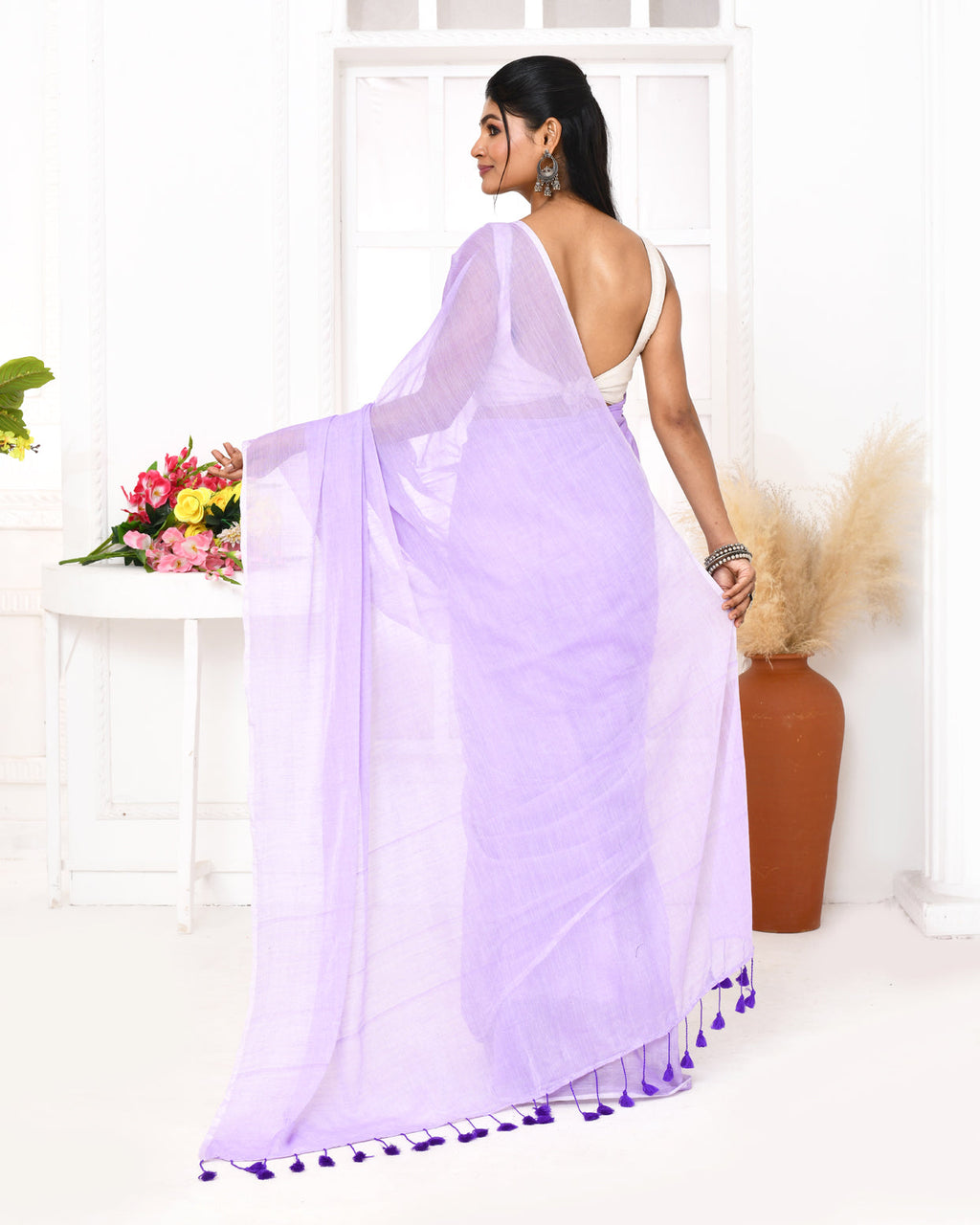 Piyari Fashion Lavender Mulmul Cotton Saree With Tassels | Grocsy
