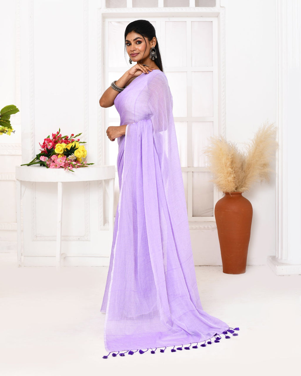 Piyari Fashion Lavender Mulmul Cotton Saree With Tassels | Grocsy
