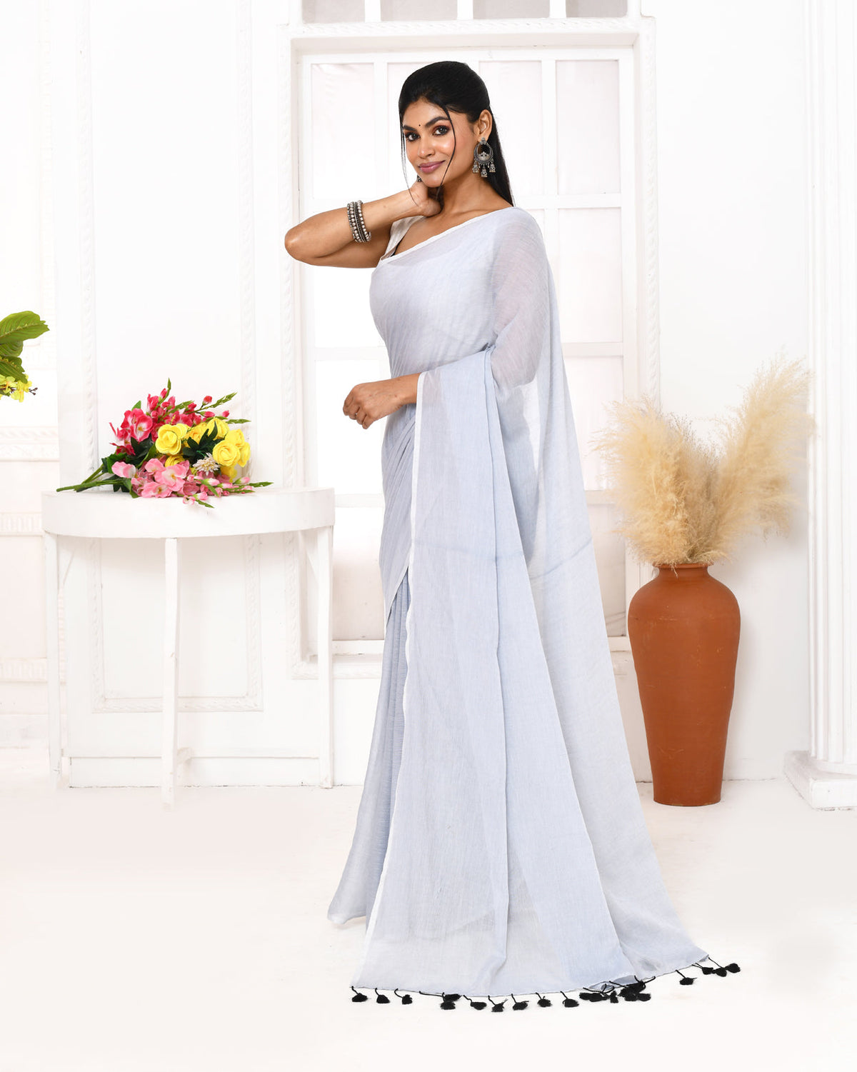 Piyari Fashion Silver Blue Mulmul Cotton Saree With Tassels | Grocsy