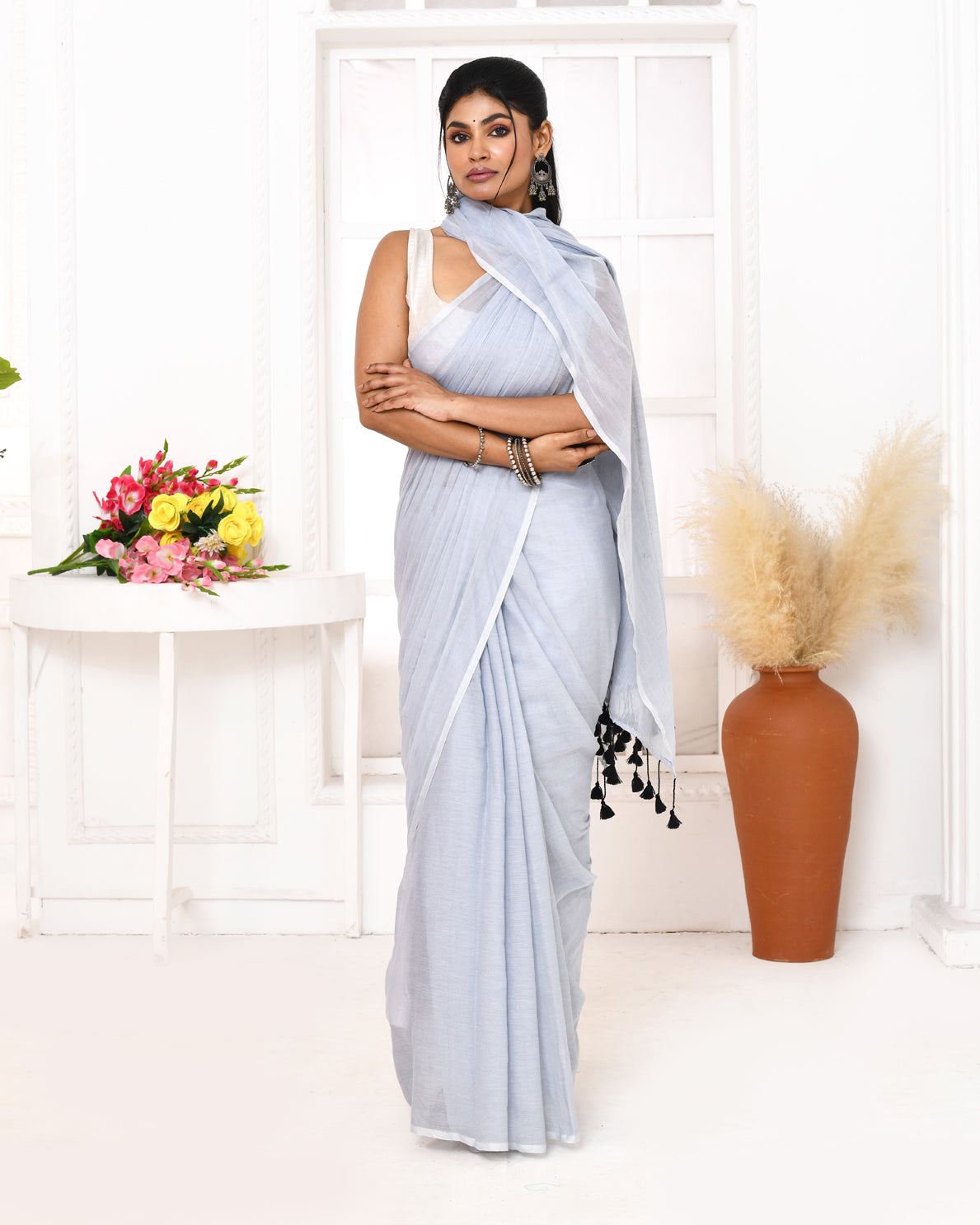 Piyari Fashion Silver Blue Mulmul Cotton Saree With Tassels | Grocsy