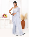 Piyari Fashion Silver Blue Mulmul Cotton Saree With Tassels | Grocsy