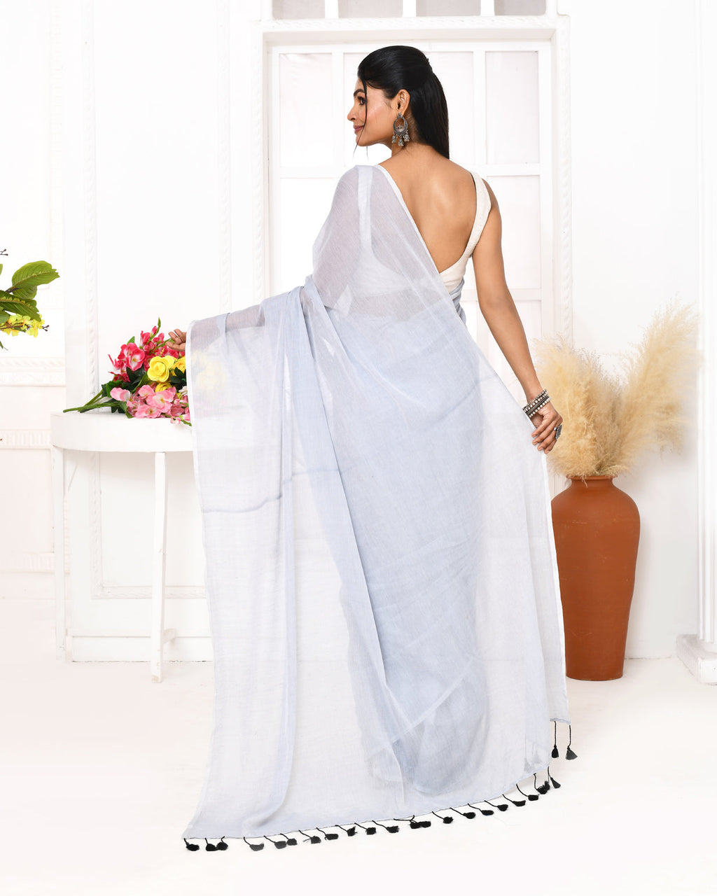 Piyari Fashion Silver Blue Mulmul Cotton Saree With Tassels | Grocsy