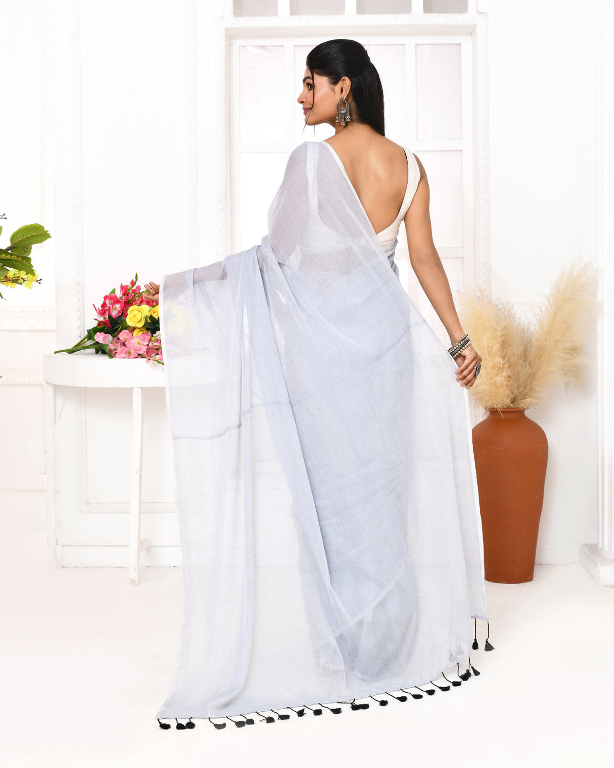 Piyari Fashion Silver Blue Mulmul Cotton Saree With Tassels | Grocsy