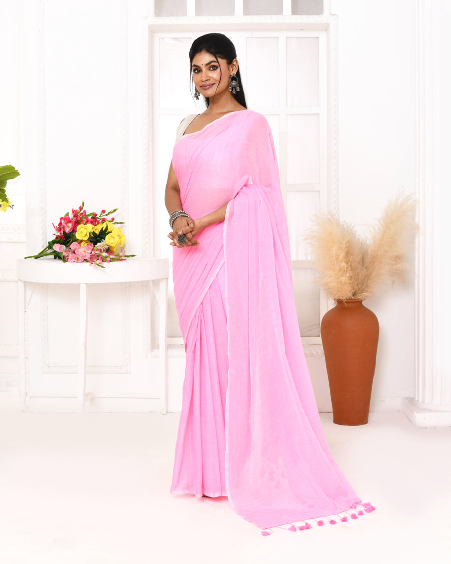 Piyari Fashion Pink Mulmul Cotton Saree With Tassels | Grocsy